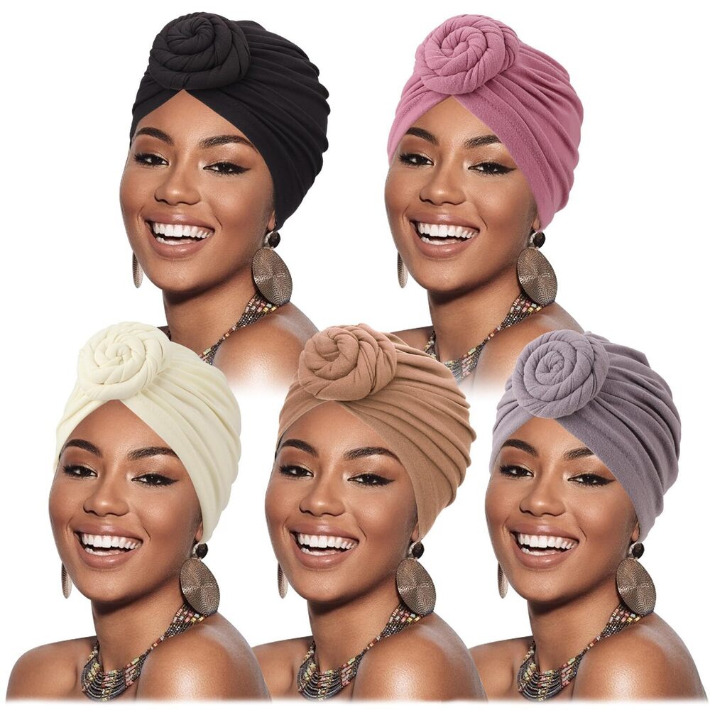 4232 5 Pack Knotted Headwraps African Turban Pre-Knotted Beanie Headwraps